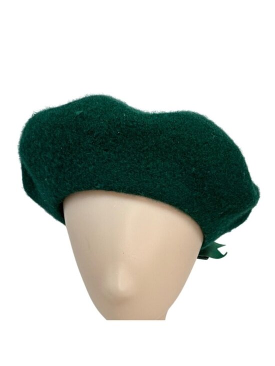Vintage Emerald Green Wool Beret Velvet Bow Classic Parisian Style Hat